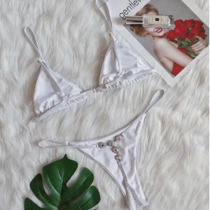 Costum de baie 2 piese sidefat, slip tanga cu cristale decorative la spate, alb sidefat #ZZ2876 - Img 10