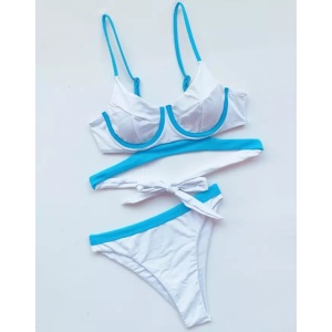 Costum de baie 2 piese, slip cu talie inalta , alb/ bleu #ZZ2865 - Img 6