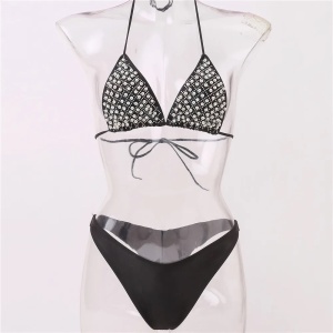 Costum de baie 2 piese, sutien cu perle albe aplicate si slip brazilian, negru #ZZ2130 - Img 5