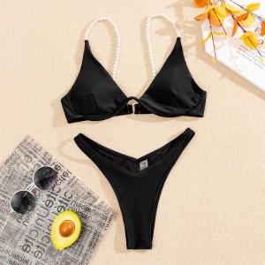 Costum de baie 2 piese, sutien cu sarma de sustinere si perle decorative, negru #ZZ2839 - Img 7