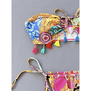 Costum de baie 2 piese, sutien fara bretele si ciucuri decorativi, multicolor #ZZ2028 - Img 6