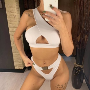 Costum de baie 2 piese, sutien pe un umar si slip cu catarama, alb #ZZ2793 - Img 8
