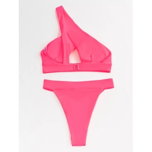 Costum de baie 2 piese, sutien pe un umar, slip cu catarama, roz neon #ZZ2841 - Img 5