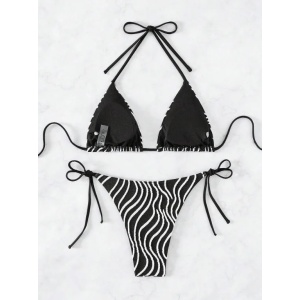 Costum de baie 2 piese texturat cu dungi albe decorative si slip reglabil, negru #ZZ2778 - Img 6