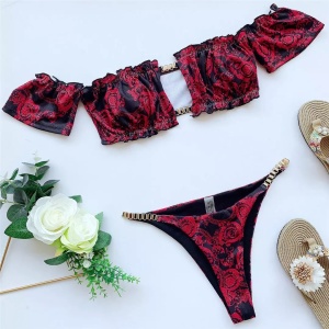 Costum de baie 2 piese texturat cu elemente metalice decorative, rosu/negru #ZZ2760 - Img 5