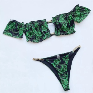 Costum de baie 2 piese texturat cu elemente metalice decorative, verde/negru #ZZ2761 - Img 7
