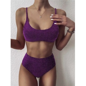 Costum de baie 2 piese texturat cu sclipici, slio cu talie inalta, mov #ZZ2759