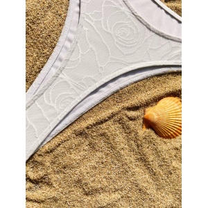 Costum de baie 2 piese texturat, cu slip tanga si model floral, alb #ZZ2064 - Img 6