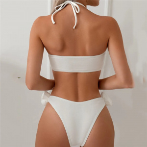 Costum de baie 2 piese texturat cu trabdafiri decorativi, alb #ZZ2053 - Img 3