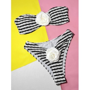 Costum de baie 2 piese texturat cu trandafiri si sutien fara bretele, alb/ negru #ZZ2106 - Img 5