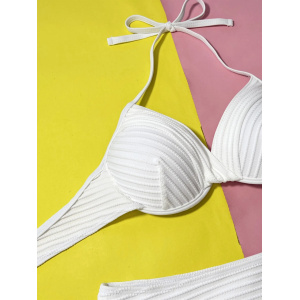 Costum de baie 2 piese texturat, cupe tari buretate, slip brazilian cu talie inalta, alb #ZZ2090 - Img 5