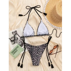 Costum de baie 2 piese texturat, imprimeu leopard, slip reglabil, negru/alb #ZZ2138 - Img 5