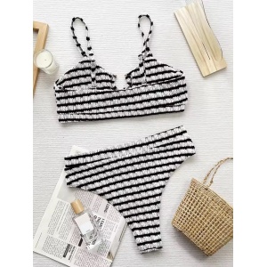 Costum de baie 2 piese texturat, in dungi, slip cu talie inalta, alb/negru #ZZ2055 - Img 5