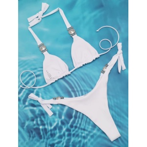Costum de baie 2 piese texturat, reglabil, cu cristale decorative , alb #ZZ2089 - Img 8