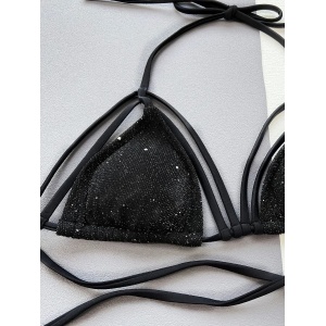 Costum de baie 2 piese texturat, tanga, cu insertii de sclipici si bretele decorative, negru #ZZ2804 - Img 5