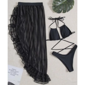 Costum de baie 3 piese cu fusta lunga crapata pe picior, negru #ZZ3902 - Img 3