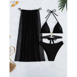 Costum de baie 3 piese cu fusta lunga din voal si accesorii metalice, negru #ZZ3018 - Img 8