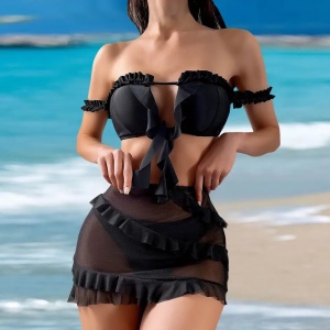 Costum de baie 3 piese cu fusta scurta si volane, negru #ZZ3909 - Img 5