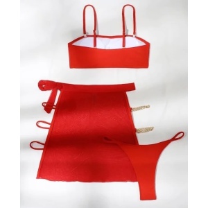 Costum de baie 3 piese cu fusta si lantisoare aurii decorative, rosu #ZZ3906 - Img 3
