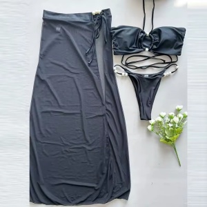 Costum de baie 3 piese cu fusta si perle albe decorative, negru #ZZ3048 - Img 2