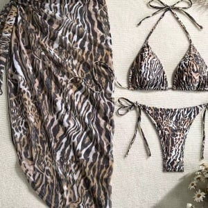 Costum de baie 3 piese cu fusta, slip reglabil, animal print, maro #ZZ3022 - Img 7