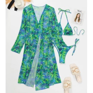 Costum de baie 3 piese cu halat de plaja, imprimeu exotic, verde/ albastru #ZZ3970 - Img 3