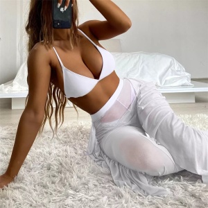 Costum de baie 3 piese cu pantalon lung semitransparent, alb #ZZ3947