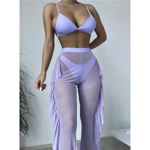 Costum de baie 3 piese cu pantalon lung semitransparent, lila #ZZ3966 - Img 3
