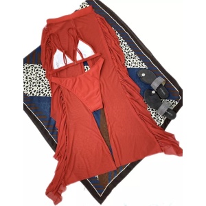 Costum de baie 3 piese cu pantalon lung semitransparent, rosu #ZZ3945 - Img 4