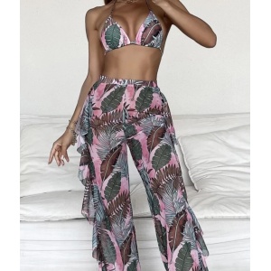 Costum de baie 3 piese cu pantaloni lungi vaporosi, imprimeu, roz/ verde#ZZ3974 - Img 3