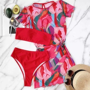 Costum de baie 3 piese cu rochie acurta si slip cu talie inalta, rosu #ZZ3912 - Img 8