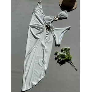 Costum de baie 3 piese cu rochie pe un umar si elemente metalice aurii decorative, alb #ZZ3020 - Img 5