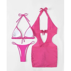 Costum de baie 3 piese cu rochita scurta decoltata si volane, roz fucsia #ZZ3915 - Img 5