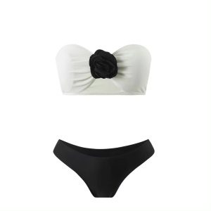 Costum de baie 3 piese, cu sutien fara bretele si fusta midi din voal, alb/ negru #ZZ3026 - Img 10
