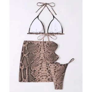Costum de baie 3 piese, fusta cu decupaje, slip tanga, imprimeu sarpe, maro #ZZ3982 - Img 11