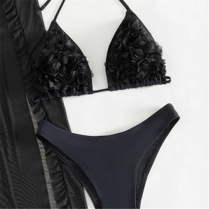 Costum de baie 3 piese, fusta lunga cu crapaturi si sutien cu flori aplicate, negru #ZZ3047 - Img 11