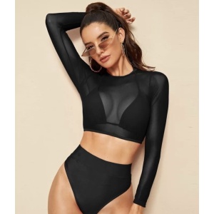 Costum de baie 3 piese sexy cu bluza scurta semitransparenta, negru #ZZ3924