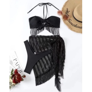 Costum de baie 3 piese sexy cu fusta si franjuri decorative, negru #ZZ3922 - Img 2