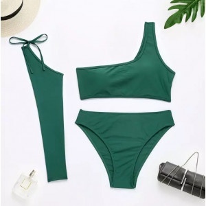 Costum de baie 3 piese, sutien pe un umar si slip cu talie inalta, verde #ZZ3935 - Img 2
