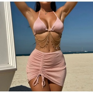 Costum de baie 3 piese texturat cu insertii de sclipici si lanturi aurii decorative, roz #ZZ3044