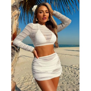 Costum de baie 4 piese cu fusta scurtă si bluza deschisă la spate, alb #ZZ3035 - Img 4