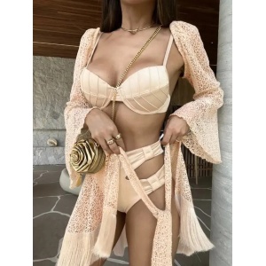 Costum de baie 4 piese cu fusta scurta si maneci lungi detasabile, bej #ZZ3041 - Img 3