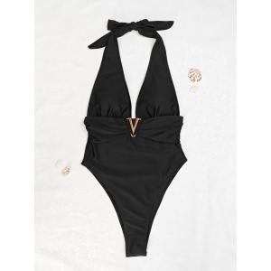 Costum de baie intreg cu decolteu adanc si accesoriu V metalic auriu , negru #ZZ1066 - Img 10