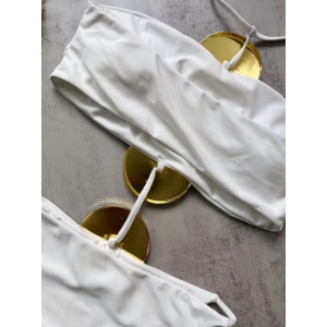 Costum de baie intreg decupat cu accesorii decorative aurii, alb #ZZ2139 - Img 8