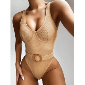 Costum de baie intreg din material reiat, curea elastica detasabila in talie, nude #ZZ1913