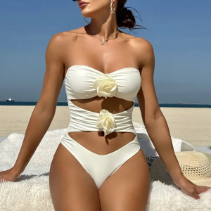 Costum de baie intreg fara bretele, cu decupaje si trandafiri decorativi, alb ivoire #ZZ1035 - Img 4