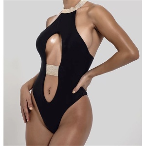  Costum de baie intreg negru cu inchidere la baza gatului, decolteu si elemente aurii, negru #ZZ1922 - Img 3