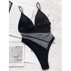 Costum de baie intreg sexy, cu insertii de tul si decolteu, negru/nude #ZZ1938 - Img 3