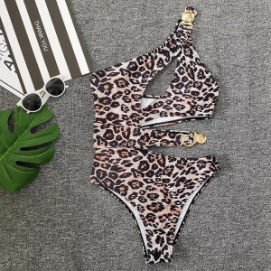 Costum de baie intreg sexy, pe un umar, cu decupaje, imprimeu leopard, alb/maro #ZZ1945 - Img 2
