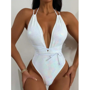 Costum de baie intreg sidefat, cu decolteu, spatele gol si paiete detasabile, 2 piese, alb #ZZ1016 - Img 4